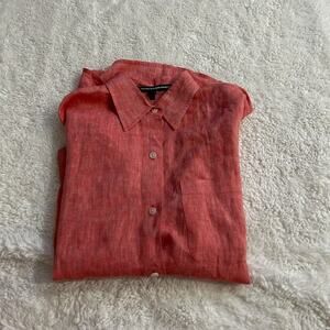 Ellen Tracy Linen Women's Red Button Up Blouse Roll Tab Sleeve S Business Casual